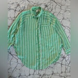 Aerie Celebrity Green Striped  Linen Blend Button Down Shirt S/ M Oversized NWT